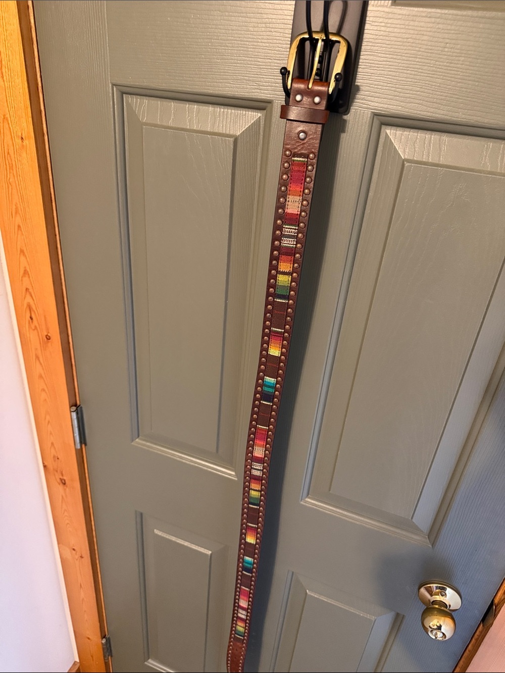 Brown Leather Belt with Multicolor fabric Inlay